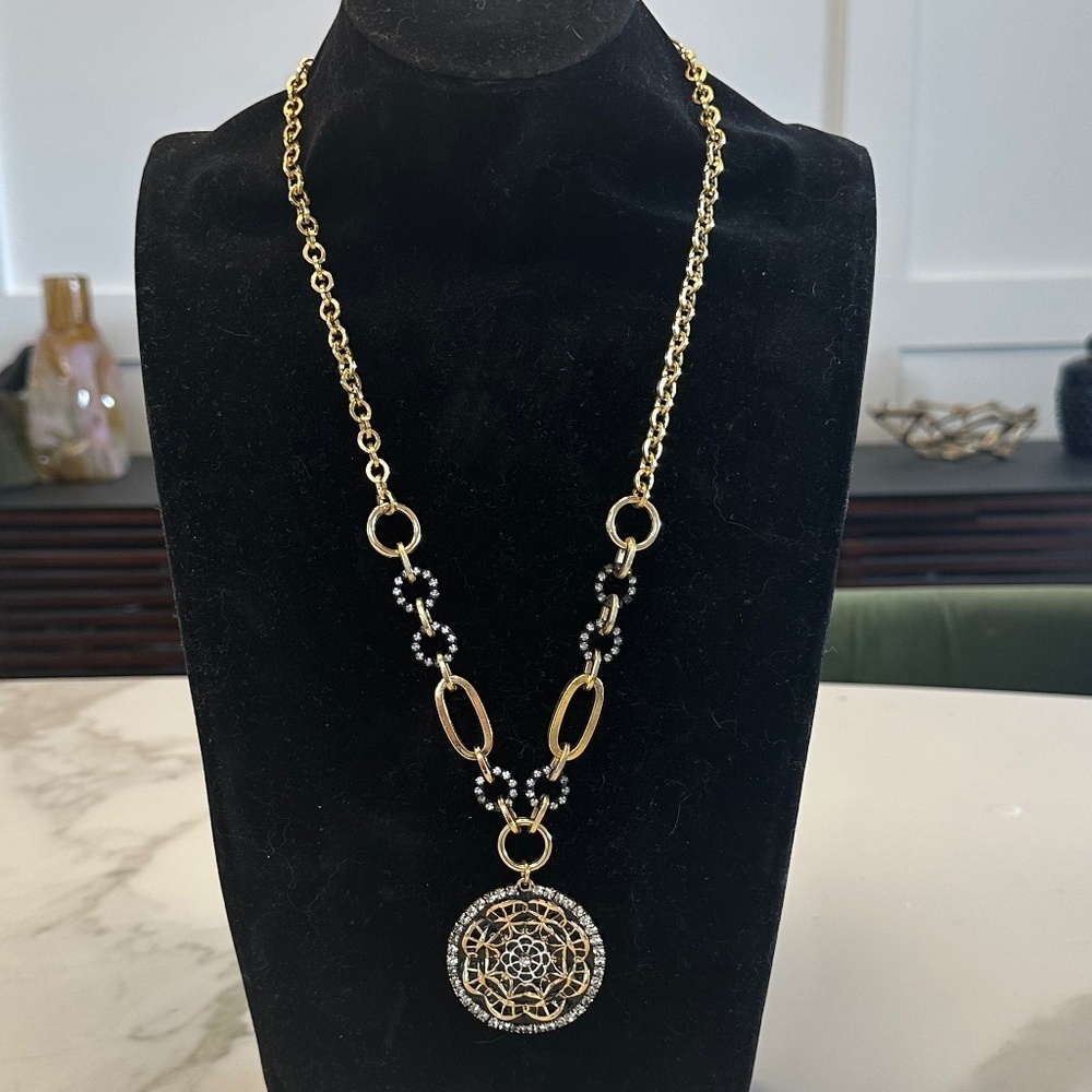 Stunning TOVA Crystal, Gold, and Silver Spider Web Pendant Necklace